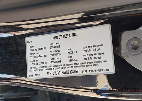 2019 Tesla Model 3 Long Range/Mid Range/Standard Range/Standard Range Plus from USA, damaged, VIN 5YJ3E1EA7KF398558